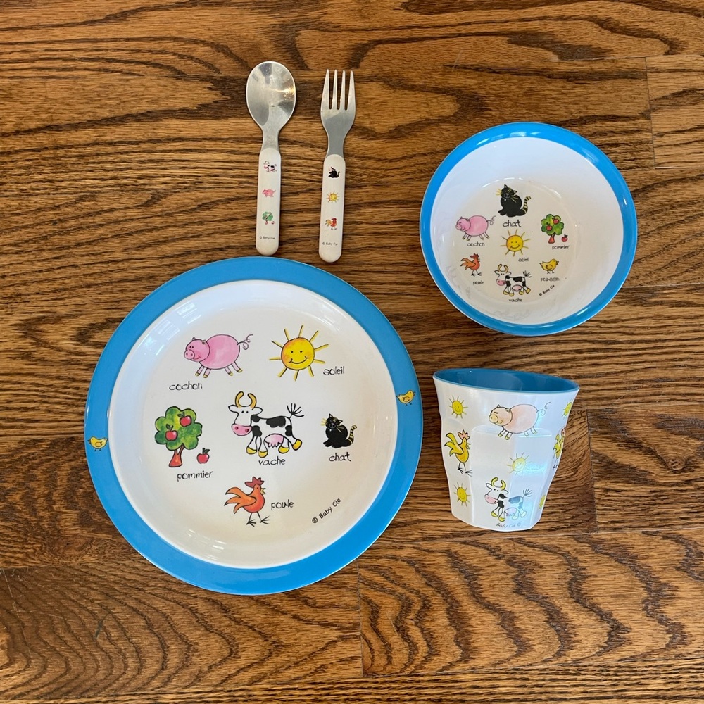 Baby Cie plate, bowl, cup, spoon, and fork